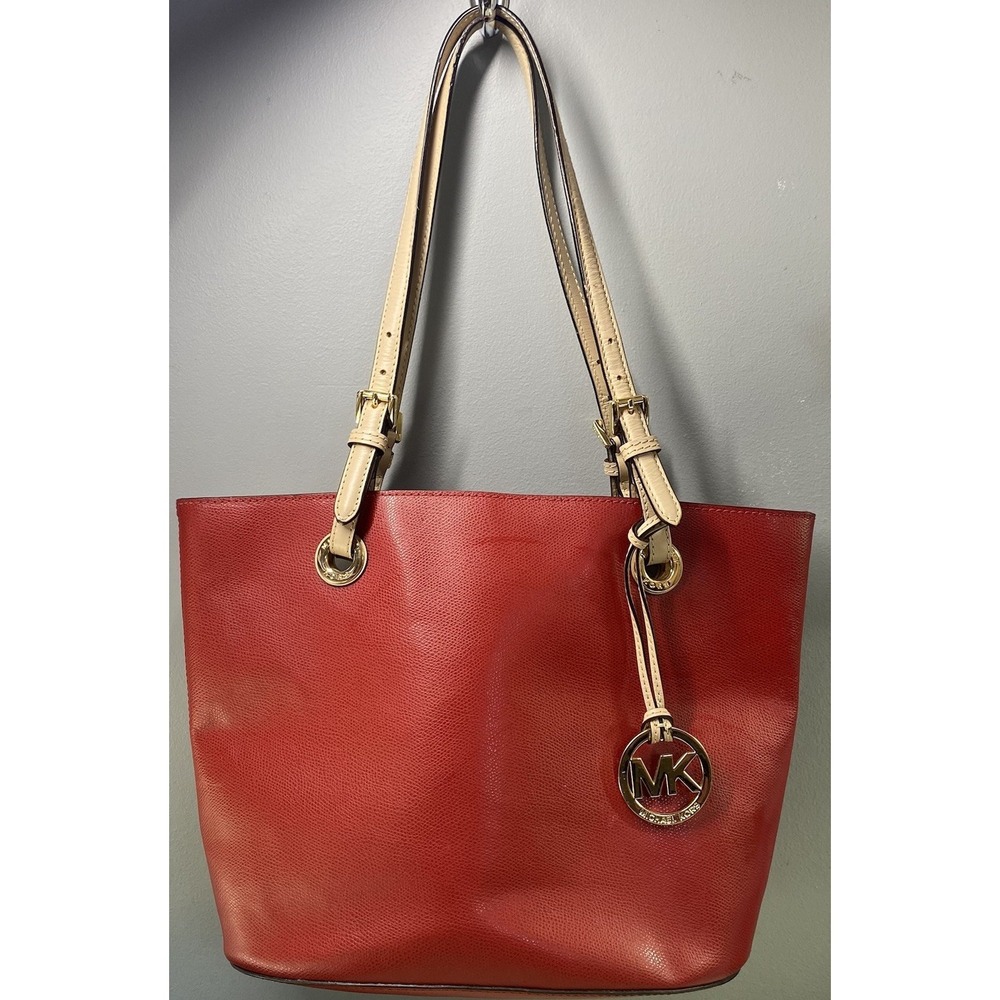 Michael Kors Women's Large Red Tote Bag Shoulder Purse W/Beige Straps 10x14x6"